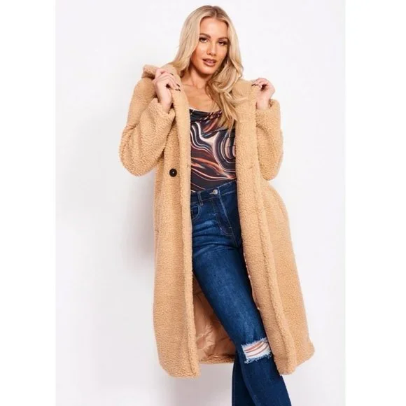 Camel Long Sleeve Hoodie Hooded Long Maxi Borg Teddy Bear Fur Coat - Picture 15 of 16